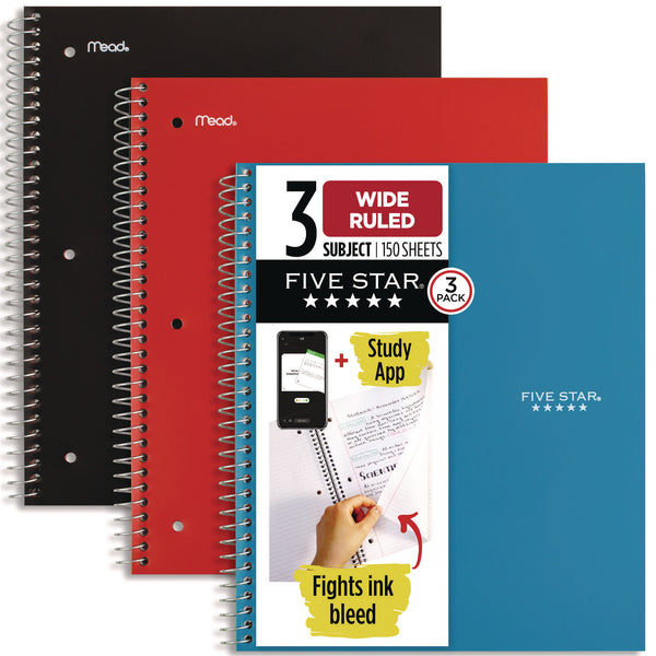 Five Star® Wirebound Notebook, 3-Subject, Wide/Legal Rule, Assorted Cover Color, (150) 10.5 x 8.63 Sheets, 3/Pack (MEA930081) Pack of 3