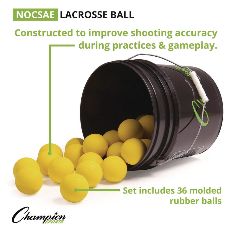 Champion Sports Lacrosse Balls in a Bucket, 11" x 11" Bucket with 36 Yellow Rubber Balls (CSILBYN36) Each