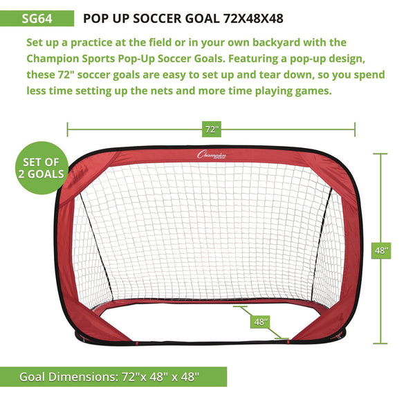 Champion Sports Pop Up Soccer Goal, 72" x 48", 1.25" dia, Pair (CSISG64) Each