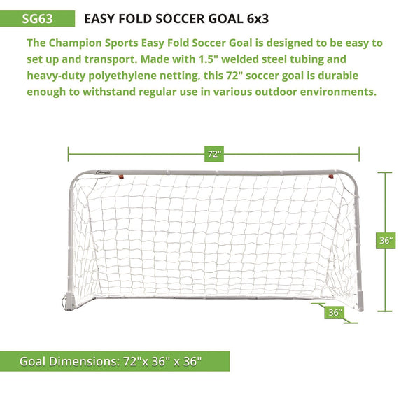 Champion Sports Easy Fold Soccer Goal, 6 ft x 3 ft, 1.25" dia Frame (CSISG63) Each