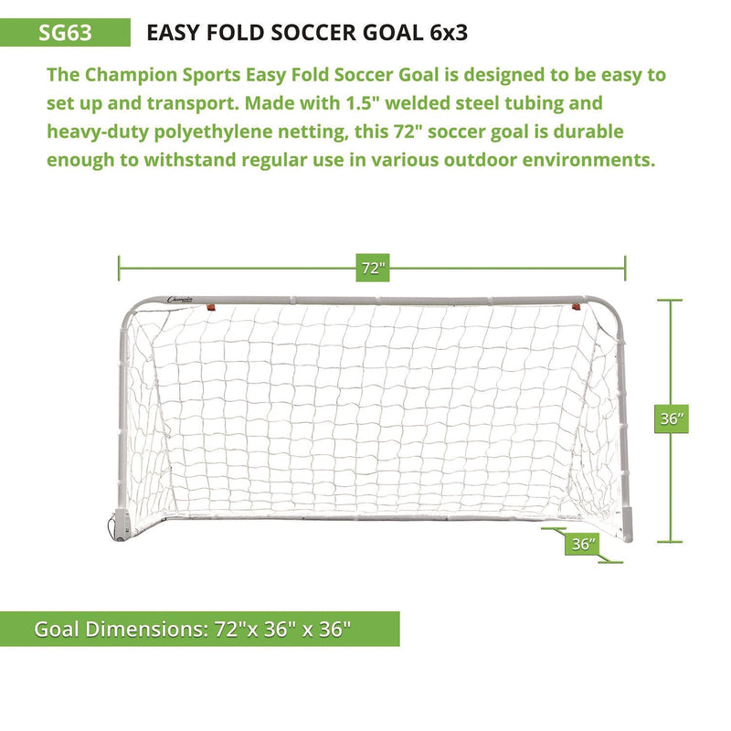 Champion Sports Easy Fold Soccer Goal, 6 ft x 3 ft, 1.25" dia Frame (CSISG63) Each