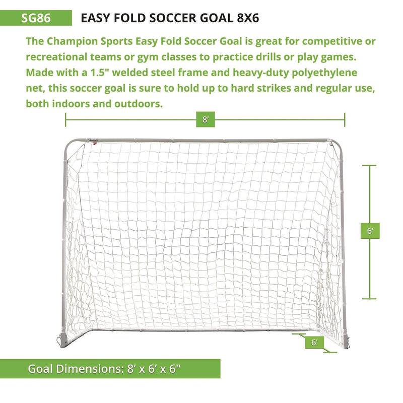 Champion Sports Easy Fold Soccer Goal, 8 ft x 6 ft, 1.25" dia Frame (CSISG86) Each
