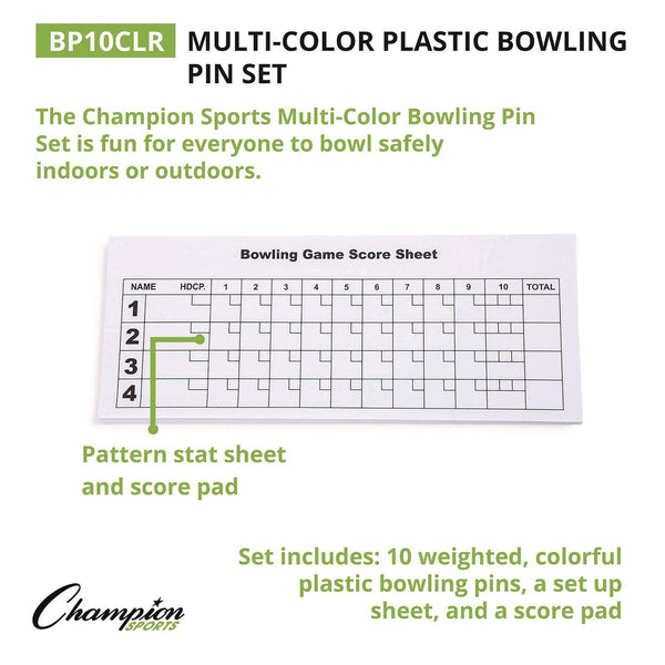 Champion Sports Plastic Bowling Pin Set, Assorted Colors, 10/Set (CSIBP10CLR) Each