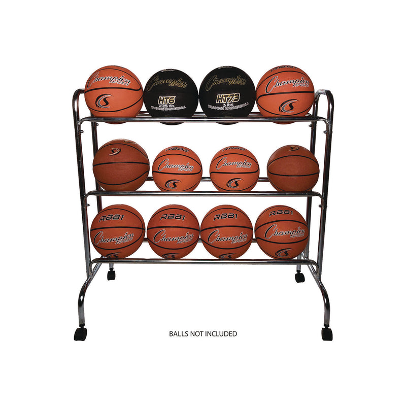Champion Sports Powder-Coated Ball Cart, Metal, 132 lb Capacity, 17 x 41 x 41, Silver (CSIBRC3) Each