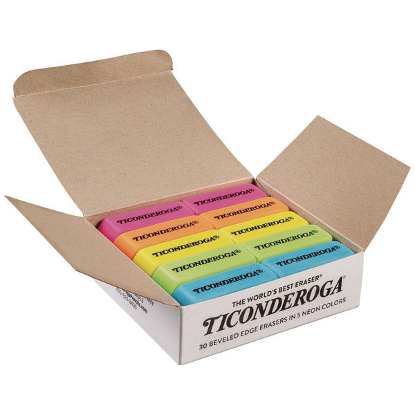 Ticonderoga® Neon Wedged Block Erasers, For Pencil Marks, Slanted-Edge Rectangular Block, Medium, Assorted Colors, 30/Box (DIXX38930) Box of 30