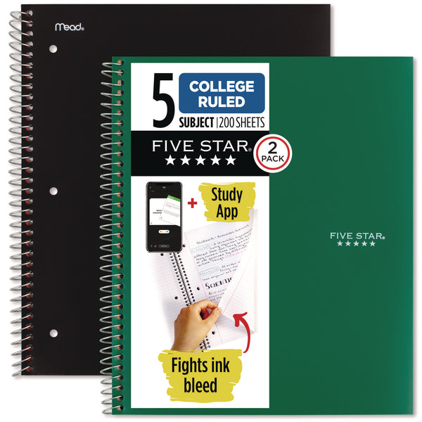Five Star® Wirebound Notebook, 5-Subject, Medium/College Rule, Assorted Cover Colors, (200) 11 x 8.5 Sheets, 2/Pack (MEA820190) Pack of 2