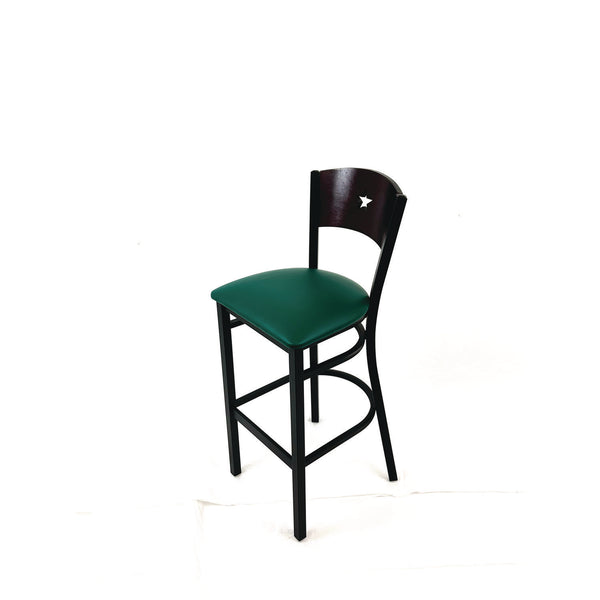 Liberty Series Barstool, Supports Up to 300 lb, 28.5" Seat Height, Green Seat, Dark Mahogany Back, Black Base (JMCLBBVGRNB) Each