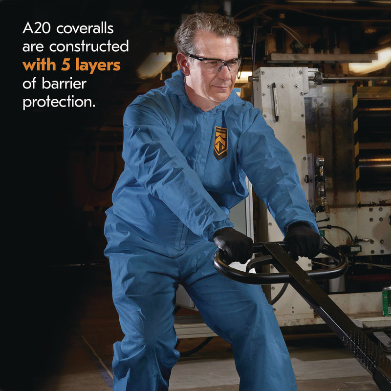KleenGuard™ A20 Breathable Particle Protection Coveralls, Zip Front, Hood, Elastic Back, Wrists, Ankles, 2X-Large, Blue, 24/Carton (ANS58515) Case of 24