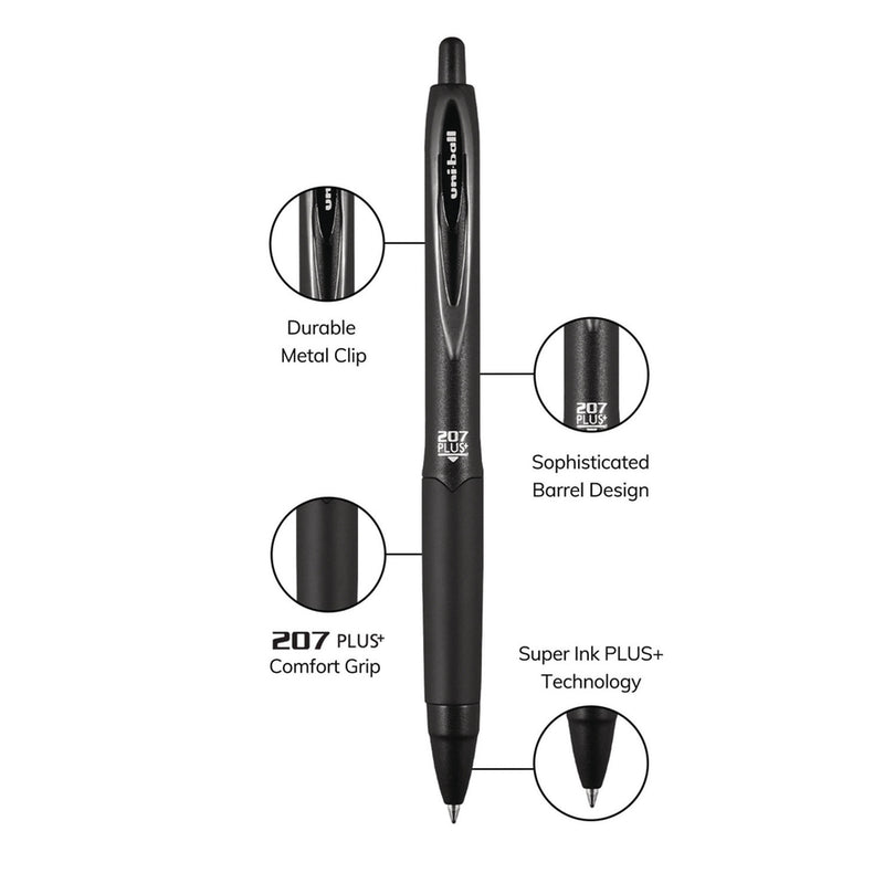 uniball® 207 Plus+ Gel Pen, Retractable, Micro 0.5 mm, Black Ink, Black Barrel, Dozen (UBC70606) 1 Dozen