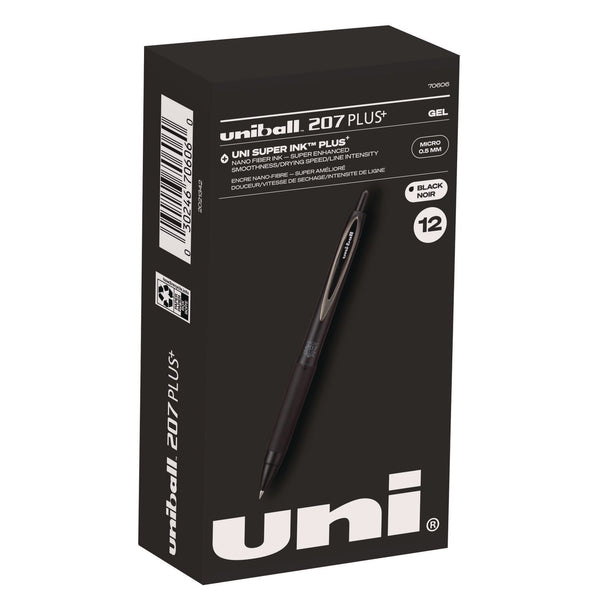 uniball® 207 Plus+ Gel Pen, Retractable, Micro 0.5 mm, Black Ink, Black Barrel, Dozen (UBC70606)