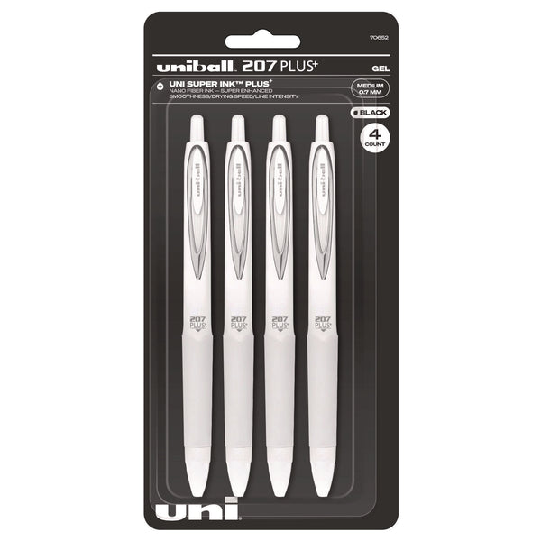 uniball® 207 Plus+ Gel Pen, Retractable, Medium 0.7 mm, Black Ink, White Barrel, 4/Pack (UBC70652)