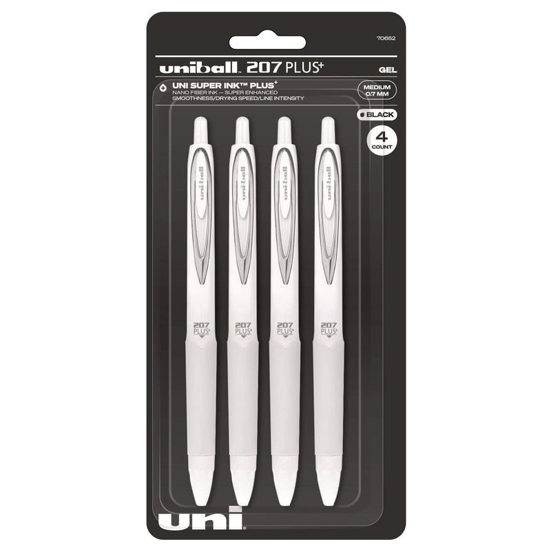 uniball® 207 Plus+ Gel Pen, Retractable, Medium 0.7 mm, Black Ink, White Barrel, 4/Pack (UBC70652) Pack of 4
