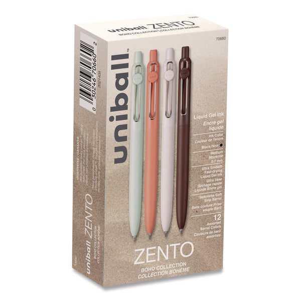 uniball® Zento Gel Pen, Retractable, Medium 0.7 mm, Black Ink, Adobe/Linen/Mist/Umber Barrel Colors, Dozen (UBC70660) 1 Dozen