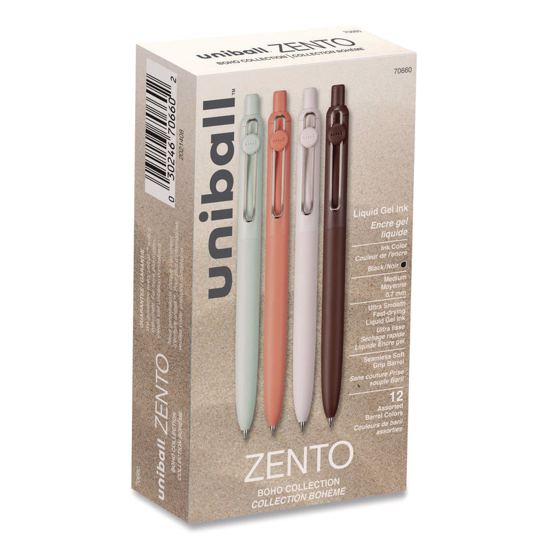 uniball® Zento Gel Pen, Retractable, Medium 0.7 mm, Black Ink, Adobe/Linen/Mist/Umber Barrel Colors, Dozen (UBC70660) 1 Dozen