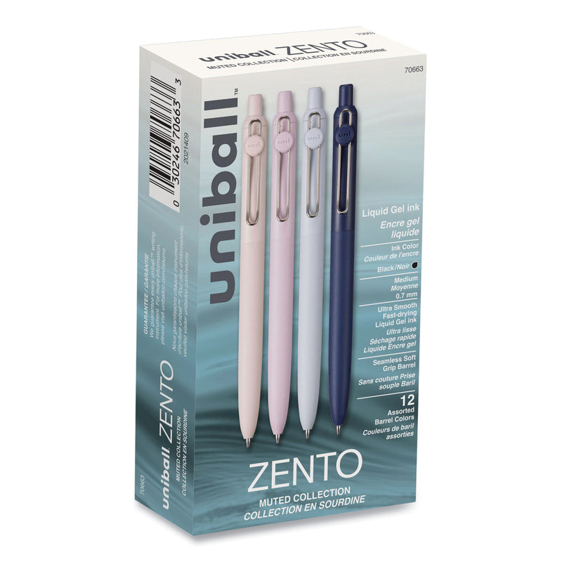 uniball® Zento Gel Pen, Retractable, Medium 0.7 mm, Black Ink, Coastal/Fog/Ivory/Lavender Barrel Colors, Dozen (UBC70663) 1 Dozen