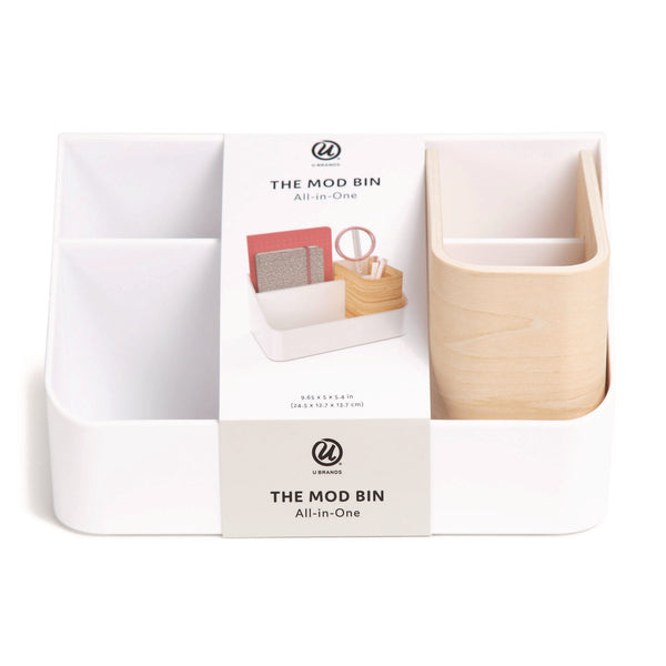 Mod All-in-One Desktop Organizer, 4 Compartments, 5.39 x 9.65 x 5.08, Plastic/Wood, White (UBR5390U0312) Each