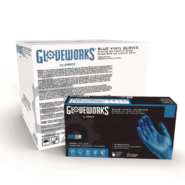 GloveWorks® by AMMEX® Industrial Vinyl Gloves, Powder-Free, 3 mil, Small, Blue, 100 Gloves/Box, 10 Boxes/Carton (AXCIVBPF42100) Case of 1000
