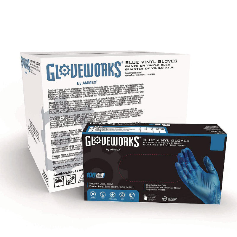 GloveWorks® by AMMEX® Industrial Vinyl Gloves, Powder-Free, 3 mil, Large, Blue, 100 Gloves/Box, 10 Boxes/Carton (AXCIVBPF46100) Case of 1000