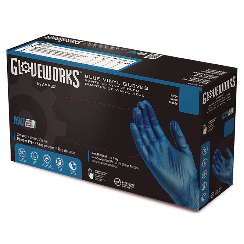 GloveWorks® by AMMEX® Industrial Vinyl Gloves, Powder-Free, 3 mil, Large, Blue, 100 Gloves/Box, 10 Boxes/Carton (AXCIVBPF46100) Case of 1000