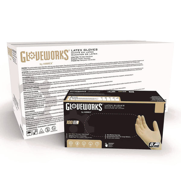 GloveWorks® by AMMEX® Extra Thick Latex Disposable Gloves, Powder-Free, X-Large, 6 mil Thick, 9.5" Long, Ivory, 100/Box, 10 Boxes/Carton (AXCILHD48100) Case of 1000