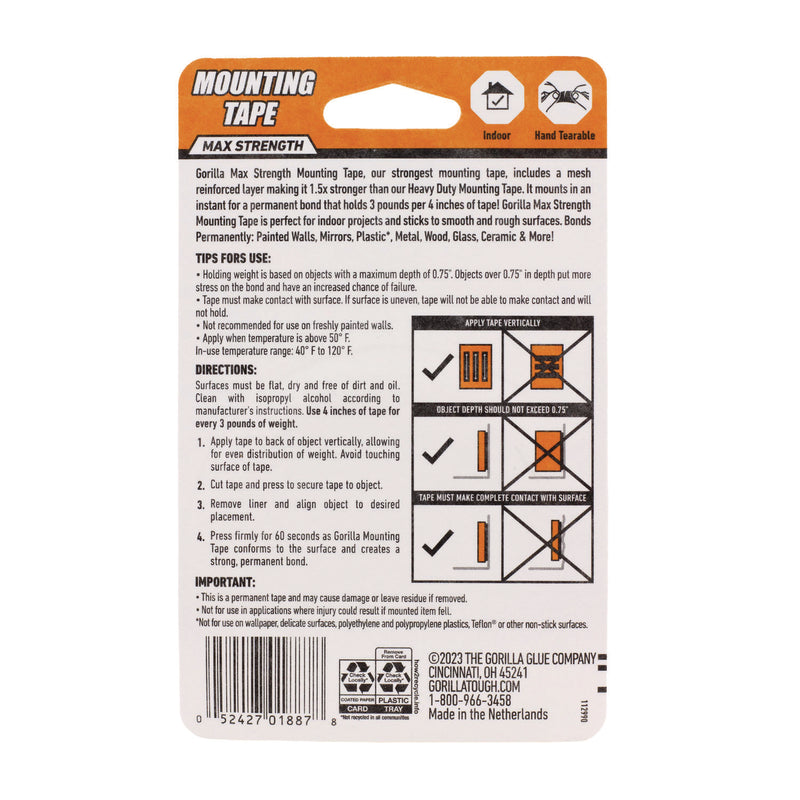 Gorilla® Max Strength Mounting Tape, Permanent, Holds Up to 45 lb (3 lbs per 4 in), 1 x 60, Black (GOR112962) 1 RL