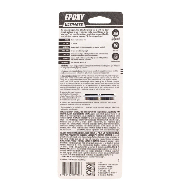 Gorilla® Epoxy Ultimate, 0.85 oz Syringe, Dries Black (GOR113442) Each