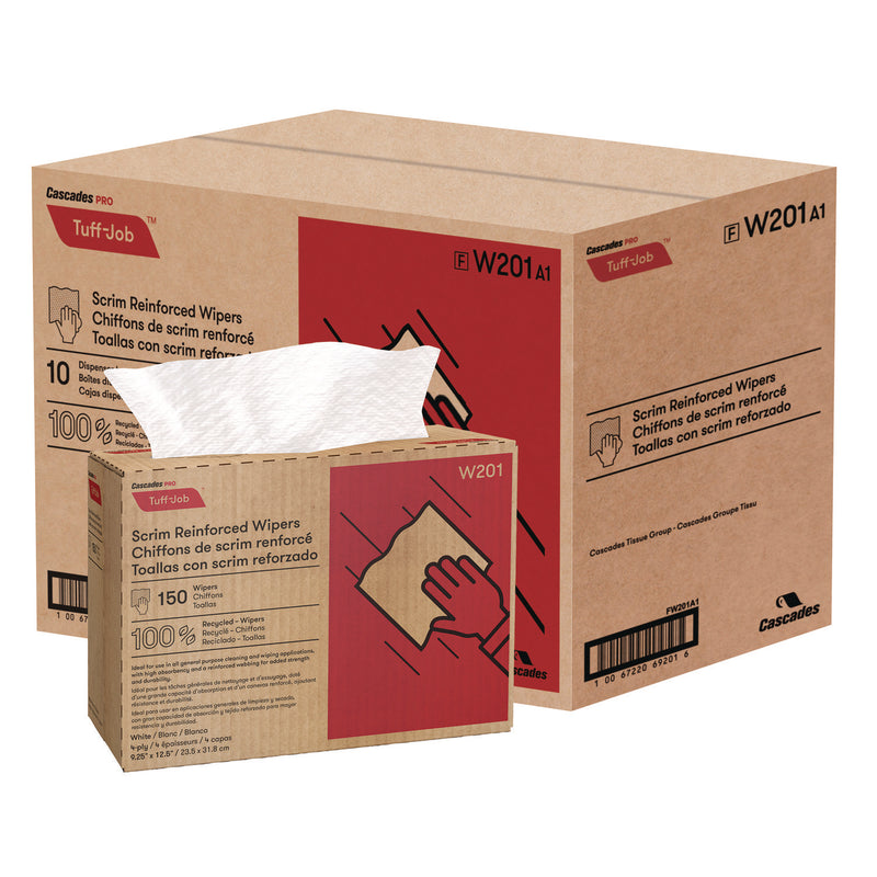 Cascades PRO Tuff-Job Scrim Reinforced Wipers, 4-Ply, 9.25 x 12.5, White, 150/Box, 10 Boxes/Carton (CSDW201)