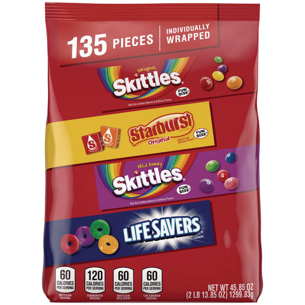 MARS Skittles, Starburst and Life Savers Fun Size Fruity Candy Assortment, 45.85 oz Bag, 135 Pieces, Individually Wrapped (SKT29689) Each