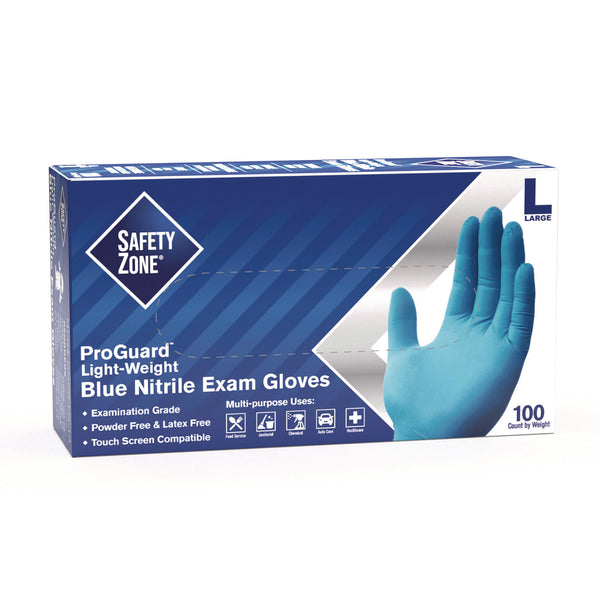 Safety Zone® ProGuard Nitrile Gloves, Powder-Free, Large, 3 mil (Palm), 3.5 mil (Fingers), Blue, 100/Box, 10 Boxes/Carton (SZNGNPRLG1A) Box of 100