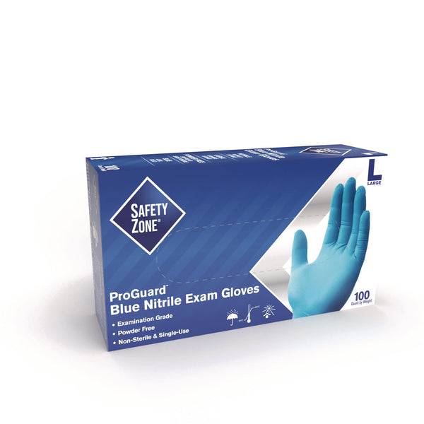 Safety Zone® ProGuard Nitrile Gloves, Powder-Free, Large, 3 mil (Palm), 3.5 mil (Fingers), Blue, 100/Box, 10 Boxes/Carton (SZNGNPRLG1A) Box of 100