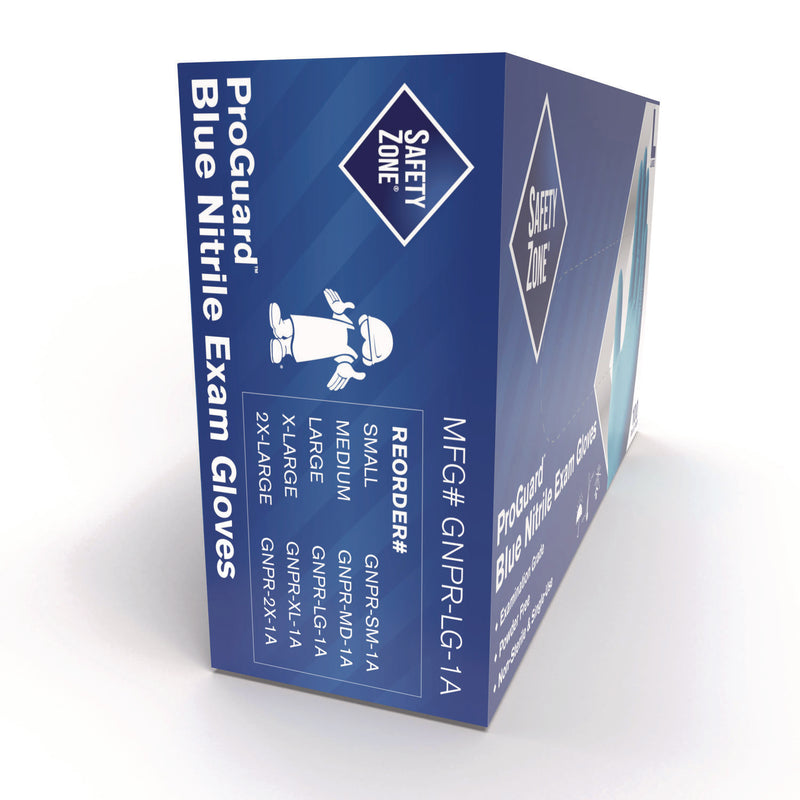 Safety Zone® ProGuard Nitrile Gloves, Powder-Free, Large, 3 mil (Palm), 3.5 mil (Fingers), Blue, 100/Box, 10 Boxes/Carton (SZNGNPRLG1A) Box of 100