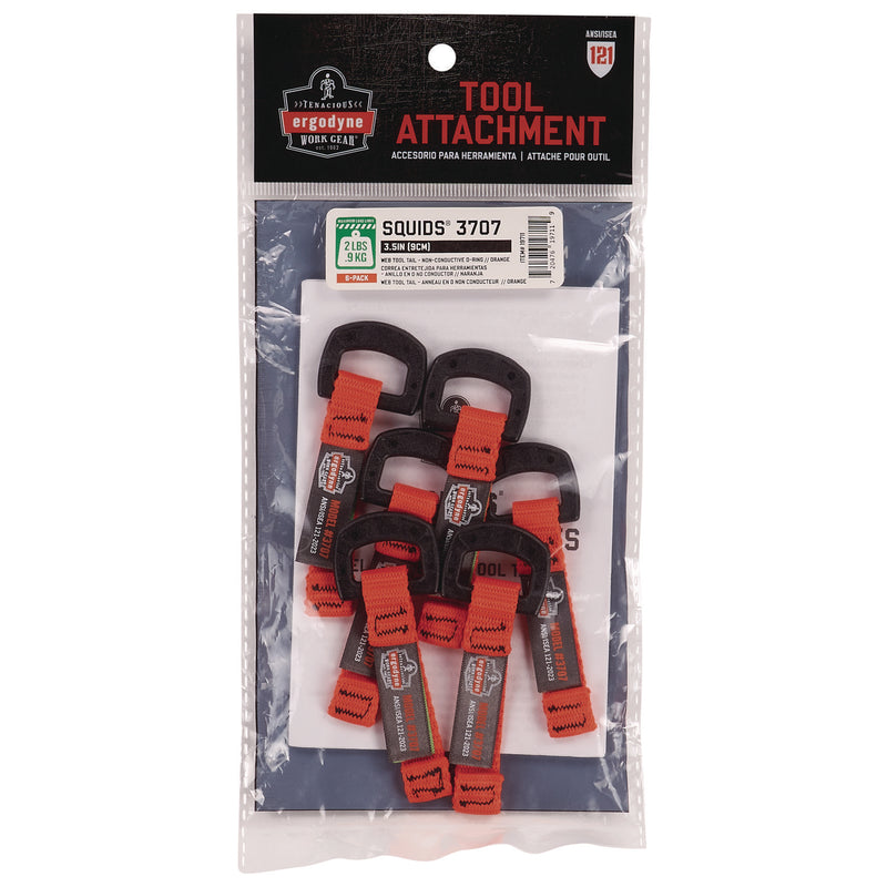 Ergodyne Squids 3707 Web Tool Tether Attachment w/ Non-Conductive D-Ring Tool Tails, 2 lb Max Working Capacity, 3.5", Orange, 6/Pack (EGO19711) Each