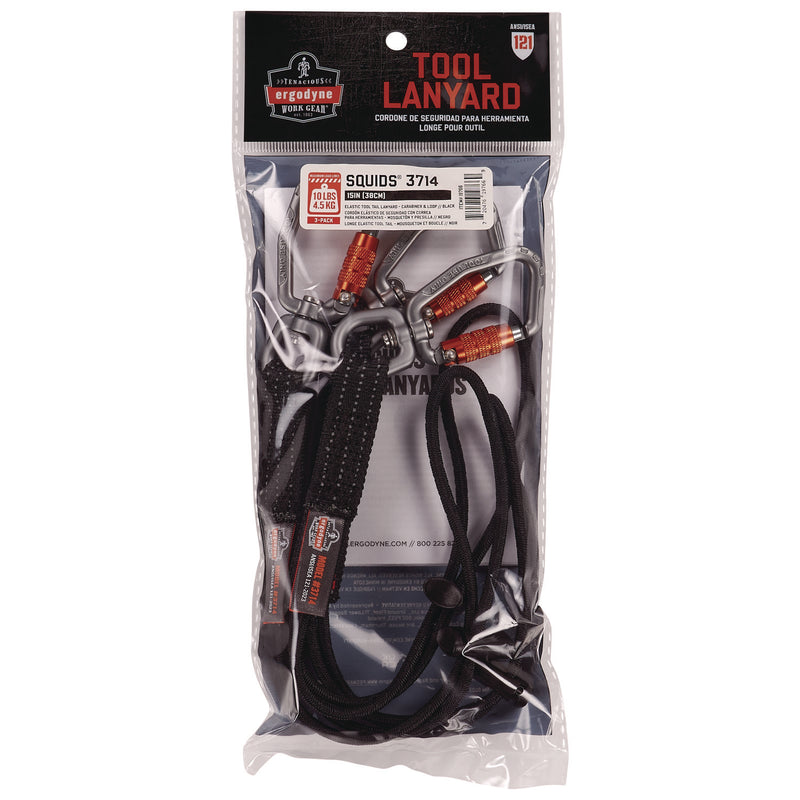 Ergodyne Squids 3714 Elastic Tool Tail Lanyard w/Carabiner and Cinch Loop, 10 lb Max Working Capacity, 15" Long, Black, 3/Pack (EGO19766) Each