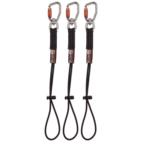 Ergodyne Squids 3714 Elastic Tool Tail Lanyard w/Carabiner and Cinch Loop, 10 lb Max Working Capacity, 15" Long, Black, 3/Pack (EGO19766) Each