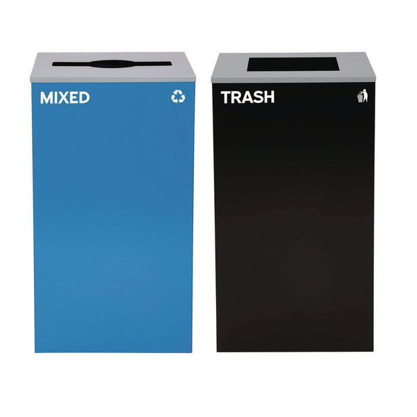 Alpine Industries 29 Gallon Trash/Recycling Cans, Steel, Blue Mixed Recycling with Mixed Lid, Black Trash Can with Square Lid (ALH4450BLKKIT3) Each