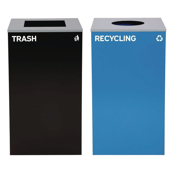 Alpine Industries 29 Gallon Trash/Recycling Cans, Steel, Blue Recycling with Circle Lid, Black Trash Can with Square Lid (ALH4450BLKKIT6) Each