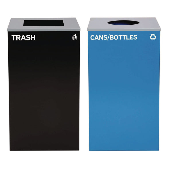 Alpine Industries 29 Gallon Trash/Recycling Cans, Steel, Blue Cans/Bottles Recycling with Circle Lid, Black Trash Can with Square Lid (ALH4450BLKKIT7) Each