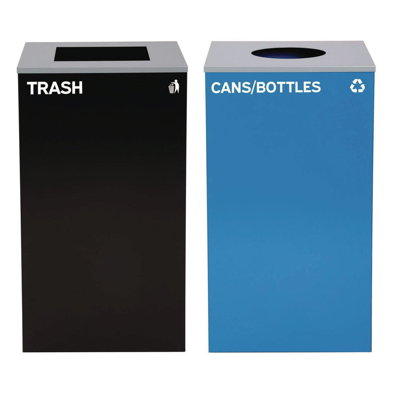 Alpine Industries 29 Gallon Trash/Recycling Cans, Steel, Blue Cans/Bottles Recycling with Circle Lid, Black Trash Can with Square Lid (ALH4450BLKKIT7) Each