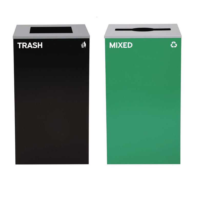 Alpine Industries 29 Gallon Trash/Recycling Cans, Steel, Green Mixed Recycling Can with Mixed Lid, Black Trash Can with Square Lid (ALH4450BLKKIT11) Each