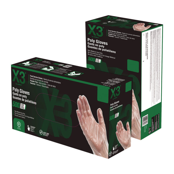 X3® by AMMEX® Poly Food Safe Industrial Gloves, Large, Clear, 500/Box (AXCPGLOVEL500) Box of 500