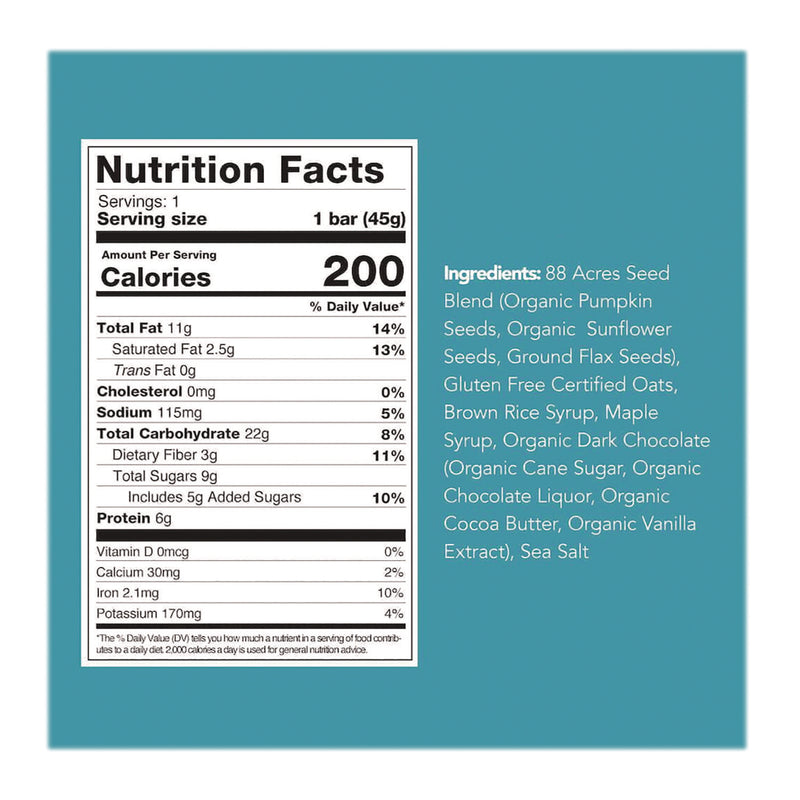 88 ACRES Sweet 'N Salty Gluten-Free Dark Chocolate Sea Salt Seed and Oat Bar, 1.6 oz Bar, 9/Box (AABACY00504) Box of 9