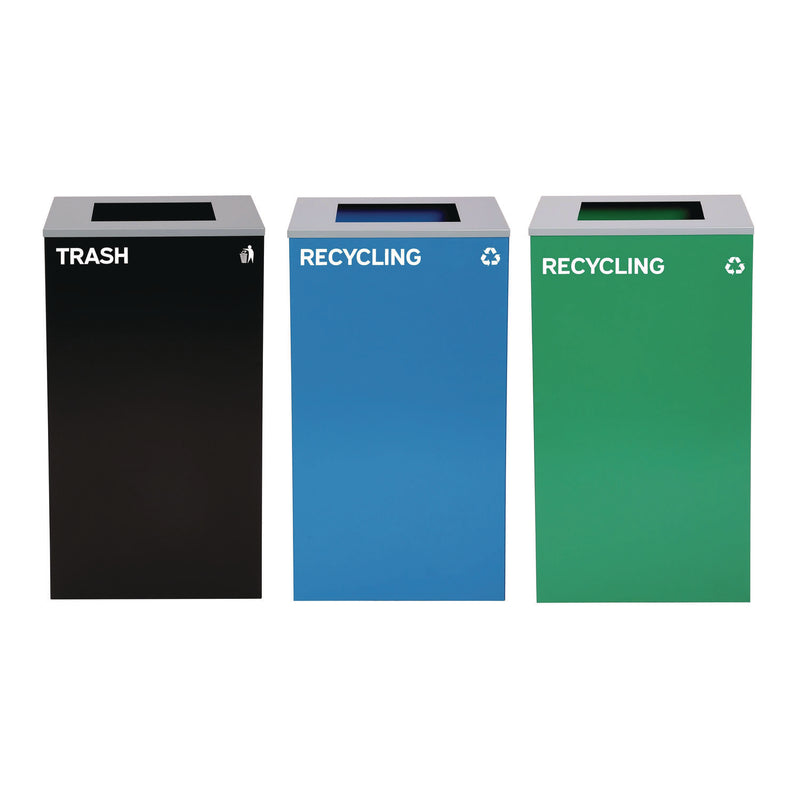 Alpine Industries 29 Gallon Trash/Recycling Cans, Steel, Blue Recycling Can, Green Recycling Can, Black Trash Can with Square Lids (ALH4450BLKKIT17) Each