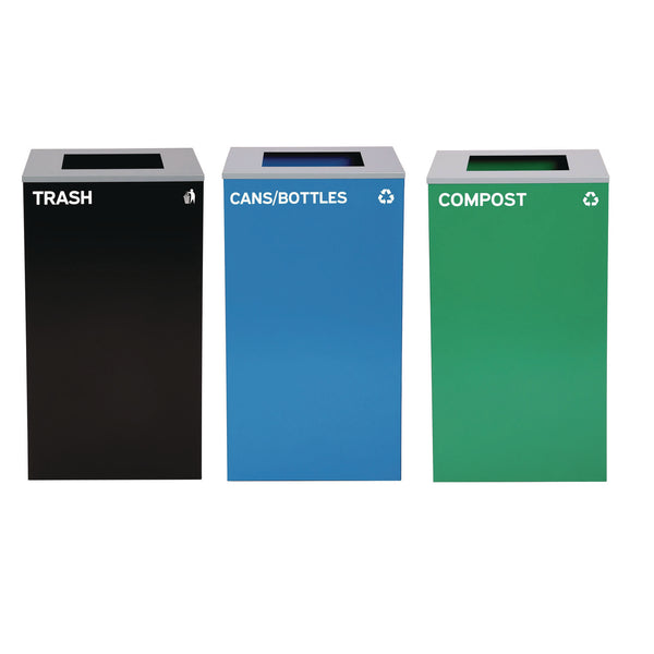 Alpine Industries 29 Gallon Trash/Recycling Cans, Steel, Blue Cans/Bottles Recycling Can, Green Compost Can, Black Trash Can with Square Lids (ALH4450BLKKIT16) Each