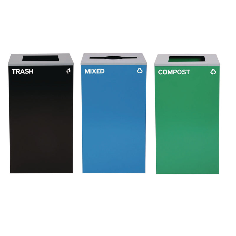 Alpine Industries 29 Gallon Trash/Recycling Cans, Steel, Blue Mixed Recycling Can w/Mixed Lid, Green Compost and Black Trash Cans w/Square Lids (ALH4450BLKKIT19) Each