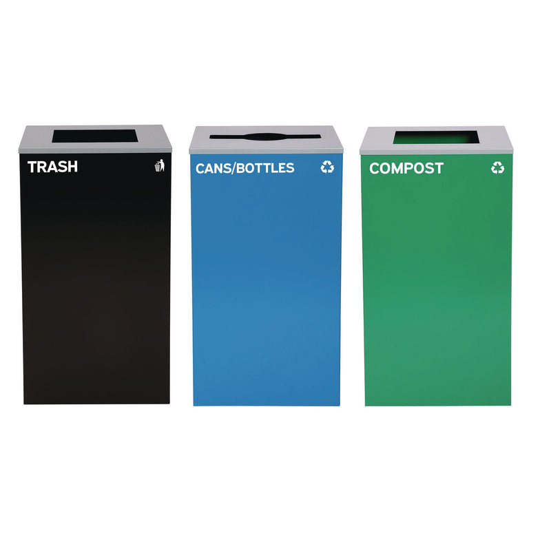 Alpine Industries 29 Gallon Trash/Recycling Cans, Steel, Blue Cans/Bottles Recycling Can w/Mixed Lid, Green Compost and Black Trash w/Sq Lid (ALH4450BLKKIT20) Each