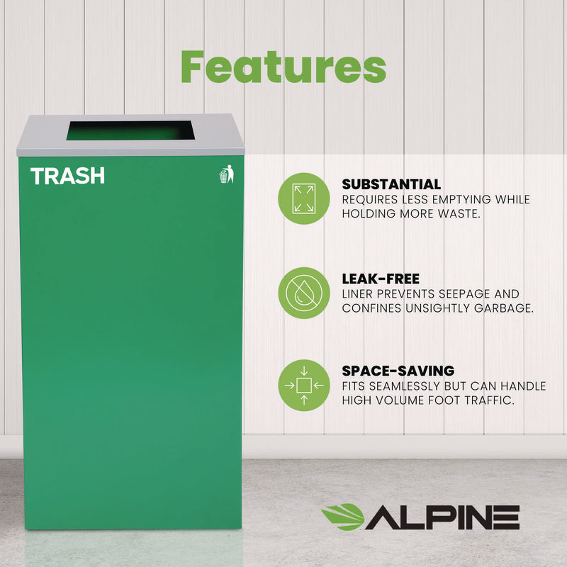 Alpine Industries 29 Gallon Trash/Recycling Cans, Steel, Green Trash Can with Square Lid (ALH4450KITGRNST) Each