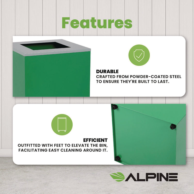 Alpine Industries 29 Gallon Trash/Recycling Cans, Steel, Green Can with Square Lid (ALH4450KITGRNS) Each