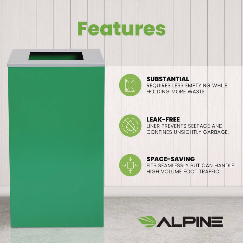 Alpine Industries 29 Gallon Trash/Recycling Cans, Steel, Green Can with Square Lid (ALH4450KITGRNS) Each