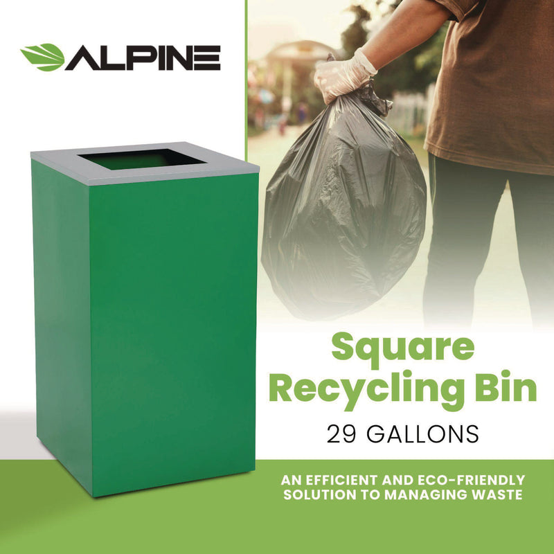Alpine Industries 29 Gallon Trash/Recycling Cans, Steel, Green Can with Square Lid (ALH4450KITGRNS) Each