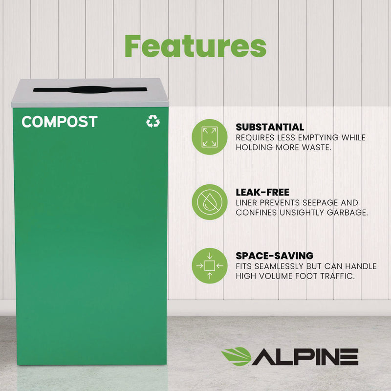 Alpine Industries 29 Gallon Trash/Recycling Cans, Steel, Green Compost Can with Mixed Lid (ALH4450KITGRNMC) Each